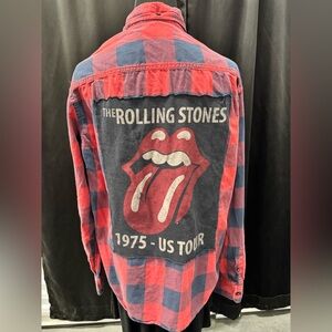 American Eagle Outfitters Red and Blue Plaid Shirt with Rolling Stones Graphic